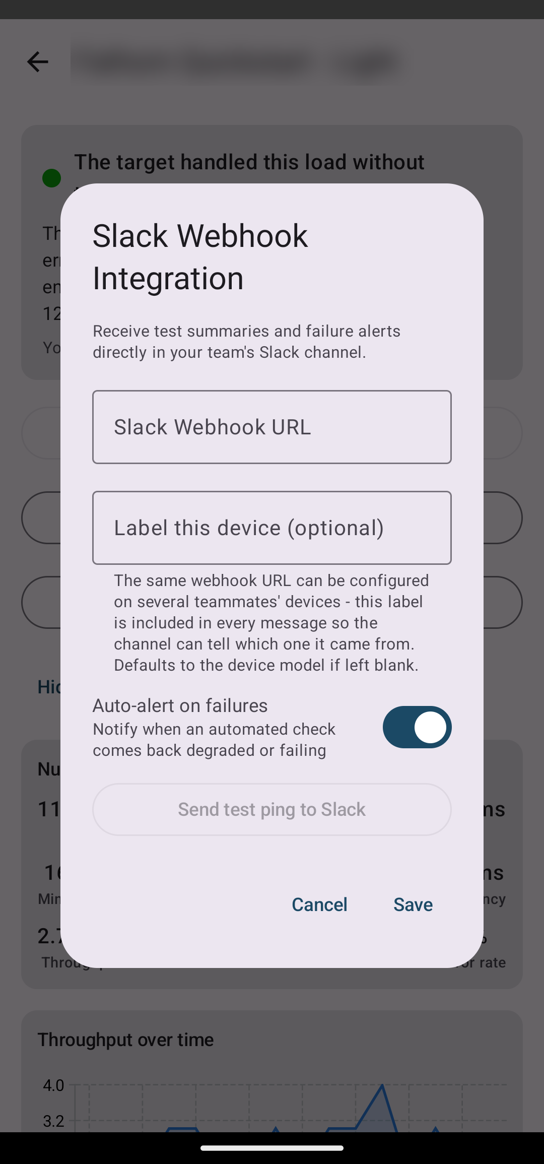 The Slack webhook integration dialog, letting you label a device and enable auto-alerts on failed checks